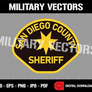May include: A black and yellow badge with the text "San Diego County Sheriff" and a five-pointed star in the center.