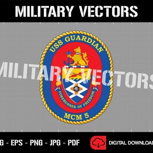 May include: A blue, red, and gold circular emblem with the text "USS GUARDIAN FORERUNNER OF FREEDOM MCM 5".