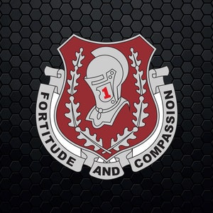 May include: A red and silver shield with a knight's helmet and the words "Fortitude and Compassion" around it.