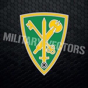 May include: A green shield with a silver border, featuring a gold sword and two keys crossed over each other. The sword has a round pommel and a pointed tip. The keys have a round head with three holes and a pointed tip. The shield is on a black honeycomb background.