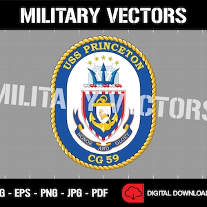 Könnte beinhalten: Ein blaues und goldenes Wappen mit einem Seilrand. Das Wappen zeigt einen Schild mit einem rot-weiß-blauen Design, einen Anker und einen Dreizack. Der Text "USS PRINCETON" ist in einem goldenen Kreis um das Wappen geschrieben. Der Text "HONOR AND GLORY" ist unter dem Schild geschrieben. Der Text "CG 59" ist unter dem Text "HONOR AND GLORY" geschrieben.