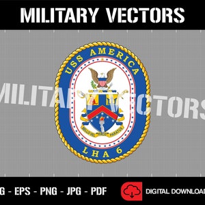 May include: A blue and gold circular emblem with the text "USS AMERICA" and "LHA 6" surrounded by stars and a rope design. The emblem features a shield with a red, white, and blue design and a bald eagle with a red, white, and blue shield on its chest.