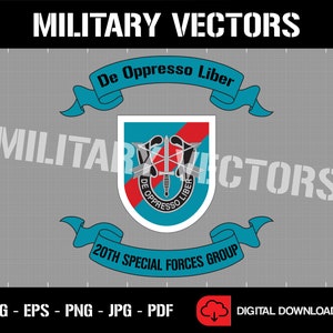 May include: A digital graphic featuring the words "MILITARY VECTORS" in white block letters. The design includes a crest with the words "De Oppresso Liber" and "20th Special Forces Group". The image is available in SVG, EPS, PNG, JPG, and PDF formats.
