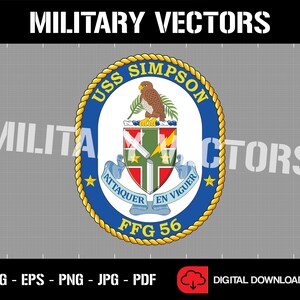 May include: A digital download graphic featuring the USS Simpson crest. The crest is a circular design with a blue border, gold accents, and the text "USS SIMPSON". The crest includes an eagle, shield, and the text "ATTAQUER EN VIGUER".