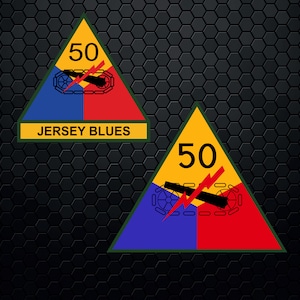 May include: A yellow triangle with a green border and the number 50 in black. Inside the triangle is a black cannon with a red lightning bolt. The cannon is on a blue and red background. The words "JERSEY BLUES" are written in black on a yellow banner below the triangle.
