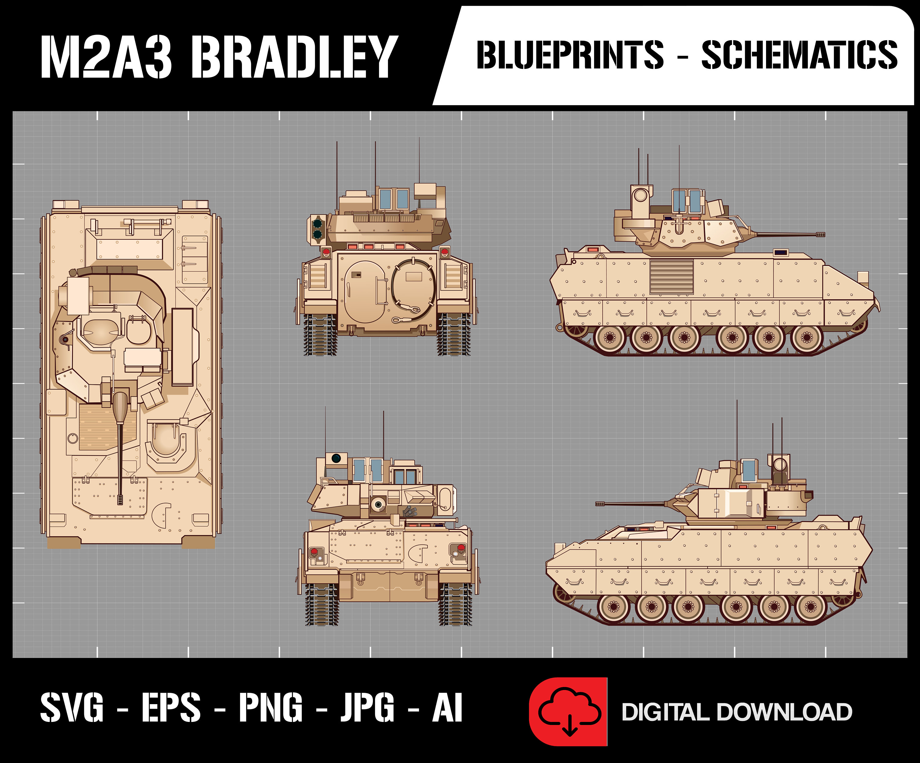 M2A3 Bradley - Military Infantry Fighting Vehicle (IFV) - Blueprint Schematics Diagram Drawing - Digital Vehicle SVG Vector Cricut File