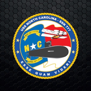 May include: A blue and red circular emblem with a yellow rope border. The emblem features a submarine, a plane, and the text "USS NORTH CAROLINA - SSN 777", "MAY 20TH 1775", "NC", "APRIL 12TH 1776", "ESSE QUAM VIDERI".