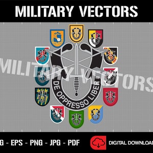 Puede incluir: Un emblema militar en blanco y negro con el texto "DE OPPRESSO LIBER" rodeado de 12 emblemas de unidades militares más pequeños y coloridos.