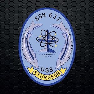 May include: A navy blue and light blue USS Sturgeon patch with the text "SSN 637" at the top and "USS STURGEON" at the bottom. The patch features two stylized fish and a central design.