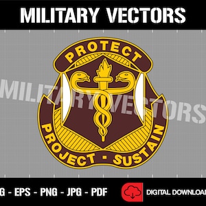 May include: A brown and gold military insignia with the words "Protect - Project - Sustain" and a caduceus symbol.