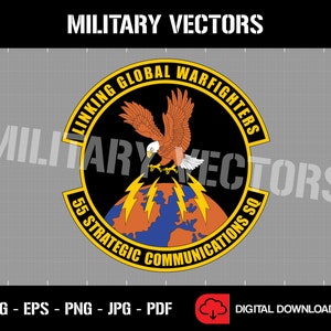 May include: A black and yellow circle with the text "Linking Global Warfighters 55 Strategic Communications Sq" around a globe with lightning bolts and a bald eagle with outstretched wings.