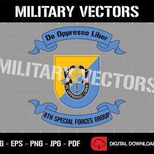 Puede incluir: Una descarga digital de un diseño gráfico vectorial que presenta el parche del 8th Special Forces Group. El parche es amarillo y azul con una daga negra y el texto "De Oppresso Liber". El texto "8th Special Forces Group" está escrito en una pancarta azul.