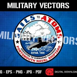May include: A blue and white circle logo with the text "SAILS TO ATOMS" and "PORTSMOUTH NAVAL SHIPYARD" around the edge. The logo also includes a star, a submarine, a ship, and a cloud. The text "DEDICATED TO SUBMARINE PROGRESS" and "ESTAB. 1800" are also included in the logo.