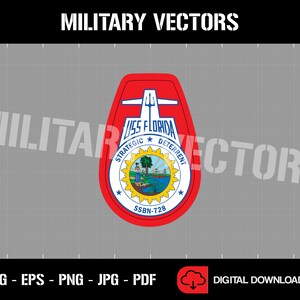 May include: A red and blue vector graphic of the USS Florida submarine emblem. The emblem features a white trident, the words "USS Florida", "Strategic Deterrent", and "SSBN-728", and a depiction of the Florida state seal.