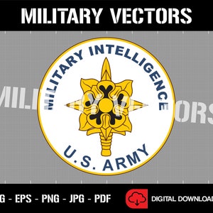Puede incluir: Un círculo blanco con un borde azul y el texto "Military Intelligence U.S. Army" en azul. Dentro del círculo hay una estrella amarilla con un centro negro y un diseño de flor amarillo y negro.