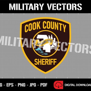 May include: A brown and gold shield with the text "Cook County Sheriff" and "January 1831" in yellow. The shield has a white building with a blue boat and waves in the center.