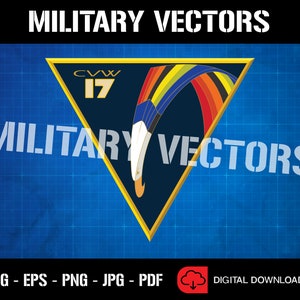 May include: A blue triangle with a yellow border and a rainbow-coloured parachute design. The text "CVW 17" is inside the triangle. The text "MILITARY VECTORS" appears twice on the image.