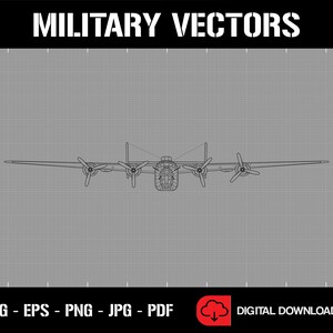 May include: A black and white line drawing of a military aircraft, a B-24 Liberator bomber, on a gray grid background. The text "MILITARY VECTORS" is at the top of the image. The text "SVG - EPS - PNG - JPG - PDF" is at the bottom left of the image. The text "DIGITAL DOWNLOAD" is at the bottom right of the image.