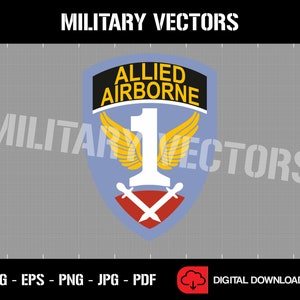 May include: A vector graphic of a military patch with the text "ALLIED AIRBORNE" in black and yellow. The patch features a white number 1, yellow wings, and crossed swords on a blue and red shield. The words "MILITARY VECTORS" are at the top.
