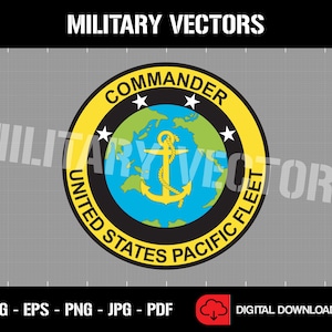 May include: A yellow and black circle with the text "Commander United States Pacific Fleet" and a blue globe with a gold anchor inside. The globe has green continents and blue oceans.