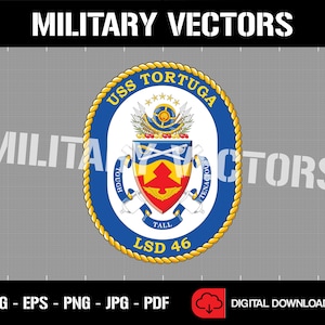 May include: A blue and gold circular emblem with the text "USS TORTUGA" and "LSD 46". The emblem features a shield with a red arrow and a winged eagle, surrounded by a rope design.