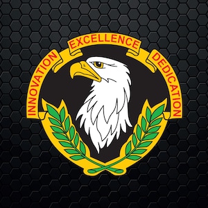 May include: A black and yellow circular emblem with a white bald eagle head facing right. The eagle is surrounded by two green laurel branches. The text "INNOVATION" is on the left side of the circle, "EXCELLENCE" is at the top, and "DEDICATION" is on the right side.