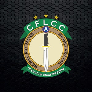 May include: A green and gold circular emblem with the text "CFLCC" and "Operation Iraqi Freedom". The emblem features a knife and the text "We Will Not Falter, We Will Not Fail".