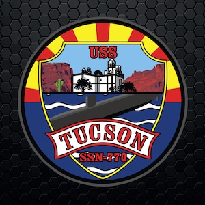 May include: A blue and red circular emblem with the words "USS TUCSON SSN-770" and a depiction of a submarine, a building, and a cactus in front of a red mountain range.