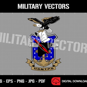 May include: A blue and gold crest with a bald eagle, anchor, and stars. The crest has the text "U.S.N.T.P.S." at the bottom.