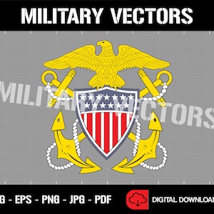 May include: A vector graphic of the United States Navy seal. The seal features a bald eagle with outstretched wings, a shield with 13 stars and red and white stripes, and two crossed anchors. The seal is in gold, red, white, and blue.