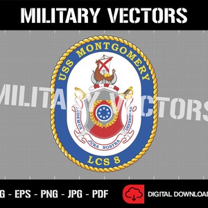 May include: A blue and red circular emblem with a gold rope border. The emblem features a ship with a red cross on the sail, a shield with stars, and the text "USS MONTGOMERY" and "LCS 8".
