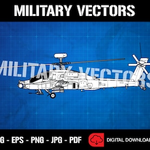 May include: A black and white line drawing of an Apache helicopter on a blue grid background. The image is labeled "Military Vectors" at the top and "SVG - EPS - PNG - JPG - PDF" at the bottom.