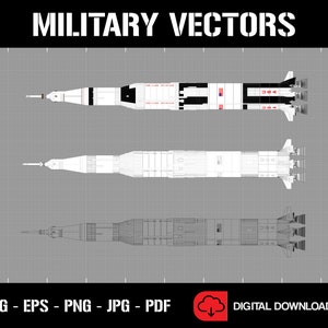 Op de afbeelding: Drie zwart-witte lijntekeningen van een raket met de tekst "MILITARY VECTORS" bovenaan de afbeelding. De raket is aan de zijkant met "USA" gelabeld. De tekst "SVG - EPS - PNG - JPG - PDF" staat onderaan de afbeelding.
