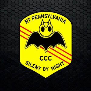 May include: Yellow and red patch with a black bat silhouette. The patch reads "RT PENNSYLVANIA CCC SILENT BY NIGHT".