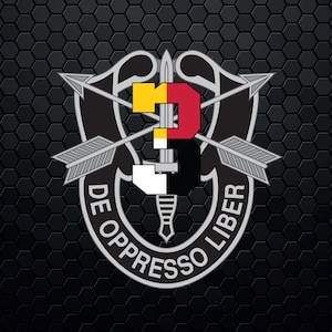 Puede incluir: Un parche militar plateado y negro con una espada y flechas. El parche tiene el texto "DE OPPRESSO LIBER" alrededor del exterior.