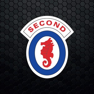 May include: A white circle with a blue ring around it and a red seahorse inside. The circle has the word "SECOND" written around it in white letters.