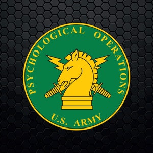 May include: A green circle with the words "Psychological Operations" around the outside. Inside the circle is a yellow horse head with two lightning bolts and two swords crossed behind it. At the bottom of the circle is the text "U.S. ARMY".