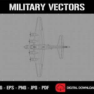 Puede incluir: Un dibujo en blanco y negro de un avión bombardero B-17, visto desde arriba. La imagen está sobre un fondo de cuadrícula gris. El texto "MILITARY VECTORS" aparece en la parte superior de la imagen.