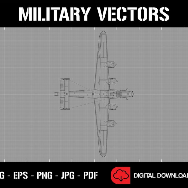 B-24 Liberator Military Aircraft Line Drawing Blueprint Outline Silhouette - Digital Vector Cricut Cut File .svg .eps .png