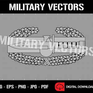 May include: A black and white line art illustration of a military combat infantryman badge. The badge features a crossed rifle, a grenade, and a wreath of oak leaves.