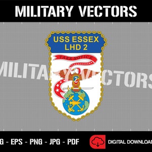 Könnte beinhalten: Ein digitaler Download einer Vektorgrafik mit dem Wappen der USS Essex, einem amphibischen Angriffsschiff der US Navy. Das Wappen zeigt eine goldene Kette, einen rot-weiß-blauen Adler, einen Globus und den Text "USS Essex LHD 2 Take Notice".