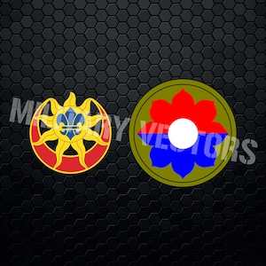 May include: Two military unit insignia patches. The first patch is yellow with a red crescent moon and a sun with a fleur-de-lis in the center. The second patch is green with a red and blue flower with a white circle in the center.