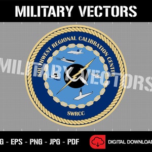May include: A blue and gold circular seal with the text "Southwest Regional Calibration Centre" and the acronym "SWRCC" inside. The seal features a lightning bolt and various military vehicles, including a plane, a ship, and a submarine.