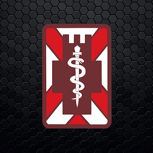 May include: A red and white patch with a brown caduceus symbol in the center. The caduceus is a staff with a snake wrapped around it and two wings at the top. The patch has a white border.