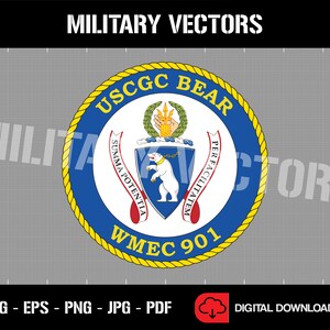 May include: A blue and gold circular emblem with the text "USCGC BEAR WMEC 901" and a polar bear inside a shield. The text "SUMMA POTENTIA PERFACILITATEM" is wrapped around the shield.