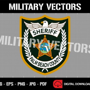 May include: A green and gold sheriff's badge with a white eagle, a five-pointed star, and the text "SHERIFF PALM BEACH COUNTY".