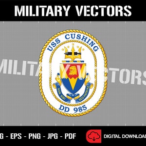 May include: A gold and blue crest with a lion, trident, and stars inside a rope circle. The text "USS CUSHING" and "DD 985" are on the crest. The crest is on a grey background.