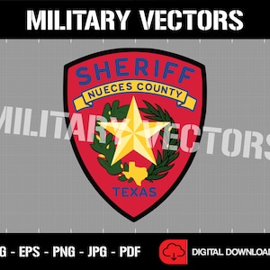 May include: A red, white, and blue sheriff's badge with a gold star and a green wreath. The badge says "Sheriff Nueces County Texas".