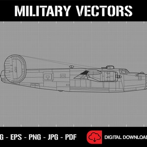 May include: A black and white line drawing of a military aircraft, a B-24 Liberator bomber, on a grey grid background. The text "MILITARY VECTORS" is at the top of the image. The text "SVG - EPS - PNG - JPG - PDF" is at the bottom left of the image. The text "DIGITAL DOWNLOAD" is at the bottom right of the image.