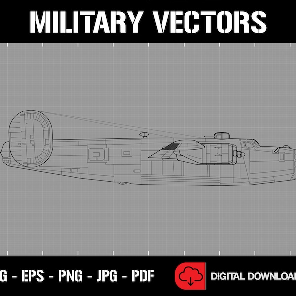 B-24 Liberator Military Aircraft Line Drawing Blueprint Outline Silhouette - Digital Vector Cricut Cut File .svg .eps .png